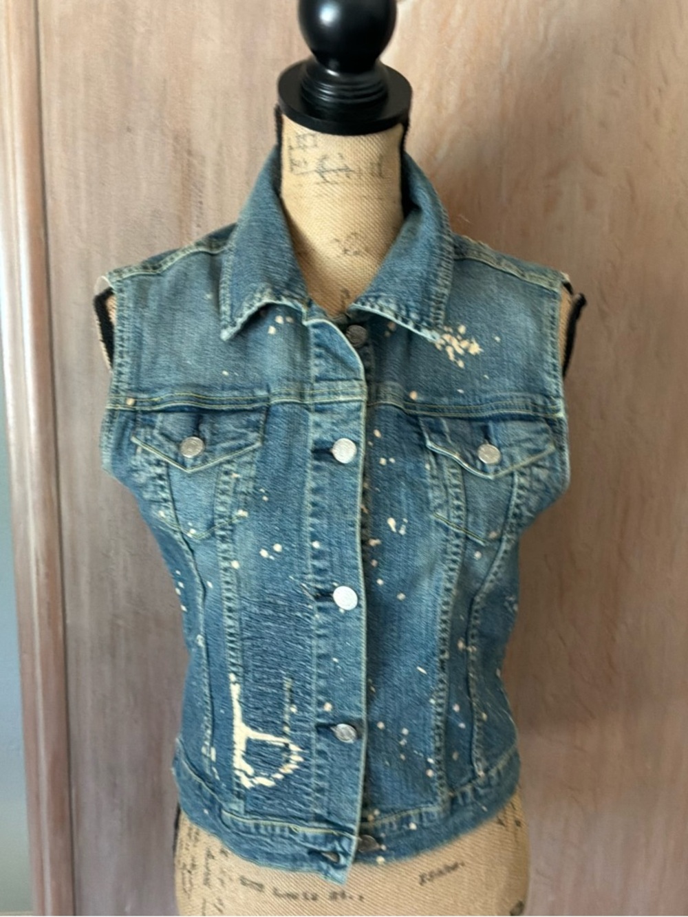 90's Cotton Cropped thrashed distressed denim  vest  Boho Indie size Medium